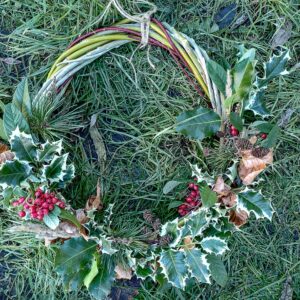 A Christmas wreath lying on green grass. The wreath is made from a circle of willow with holly leaves