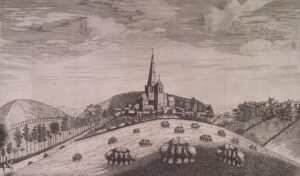 An old drawing of Glasgow Cathedral during medieval times. It is the only building and the land around it is farmland.
