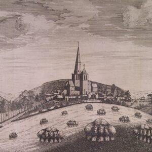 An old drawing of Glasgow Cathedral during medieval times. It is the only building and the land around it is farmland.