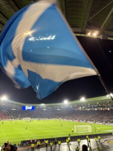 The Scottish saltire being waved at Hampden Park.