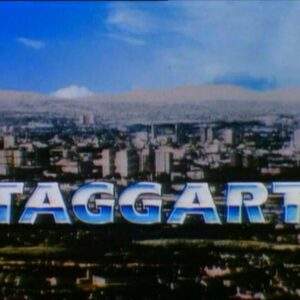 Taggart written in blue over the city of Glasgow. It was part of the title credits of the show.