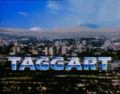 Taggart written in blue over the city of Glasgow. It was part of the title credits of the show.