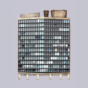 Stylised digital illustration by Natalie Tweedie, of a modernist high-rise building with a grid-like glass façade and concrete structural supports at the base. The rooftop features sculptural ventilation forms, and the background is a flat, muted lavender-grey.