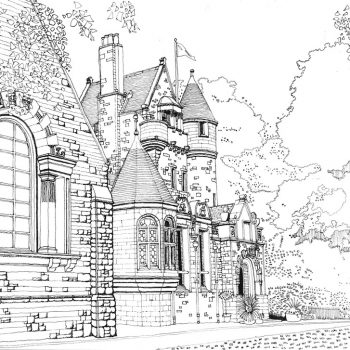 A pen and ink drawing of Pollokshields Burgh Hall, by Niall Murphy Glasgow City Heritage Trust