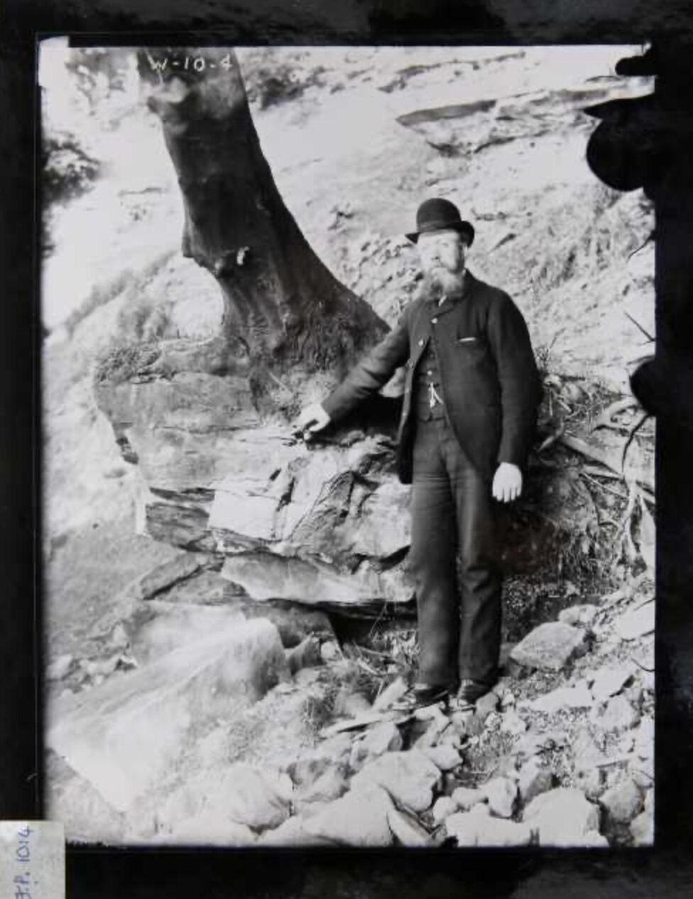 Black and white photograph of William Graham on the banks of the Kelvin.