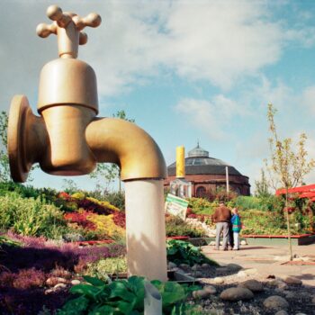 A floating tap sculpture during After the Garden Festival, the South Rotunda is in the background.