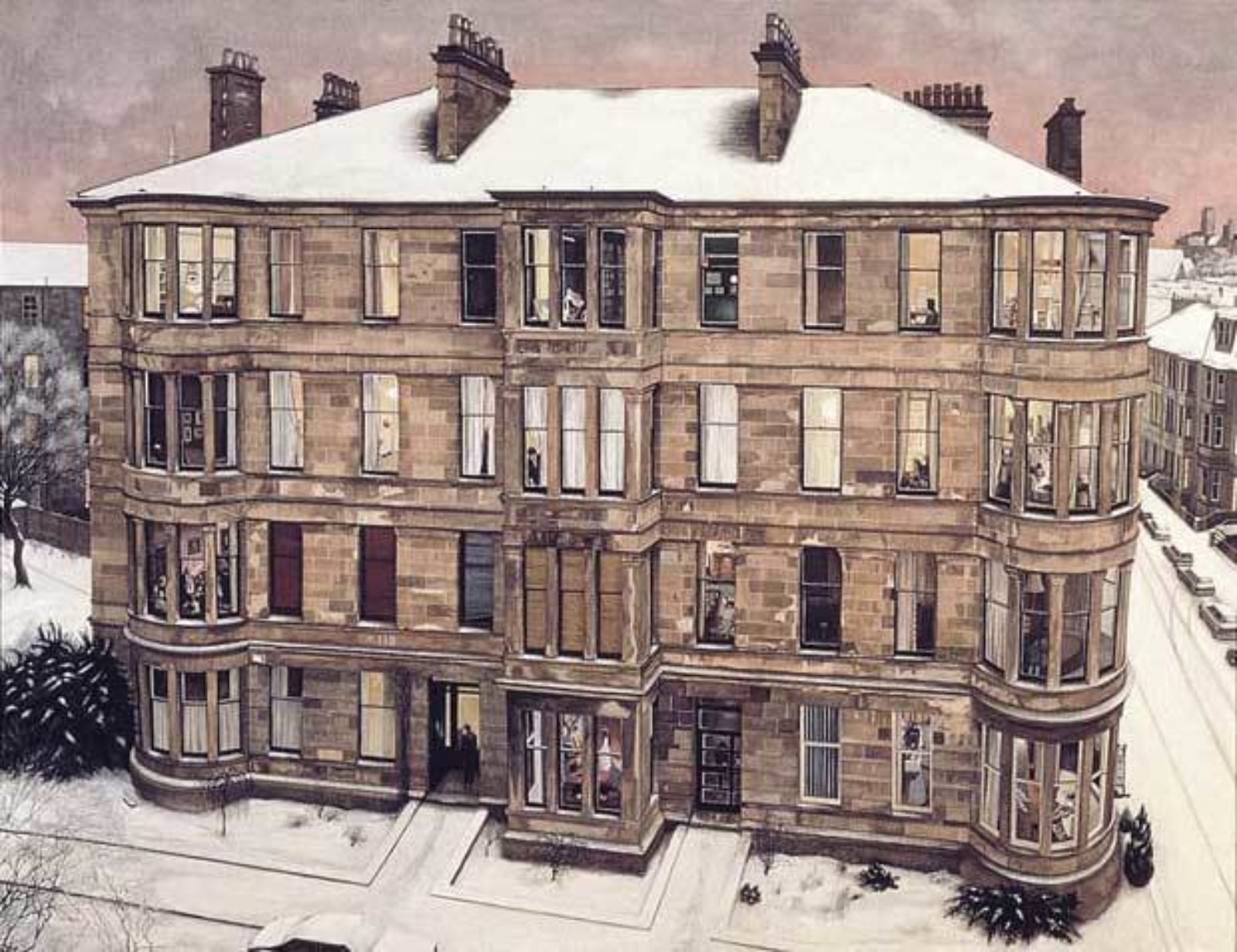 Avril Paton's painting 'Windows in the West' which is a painting of a West End tenement in the snow.